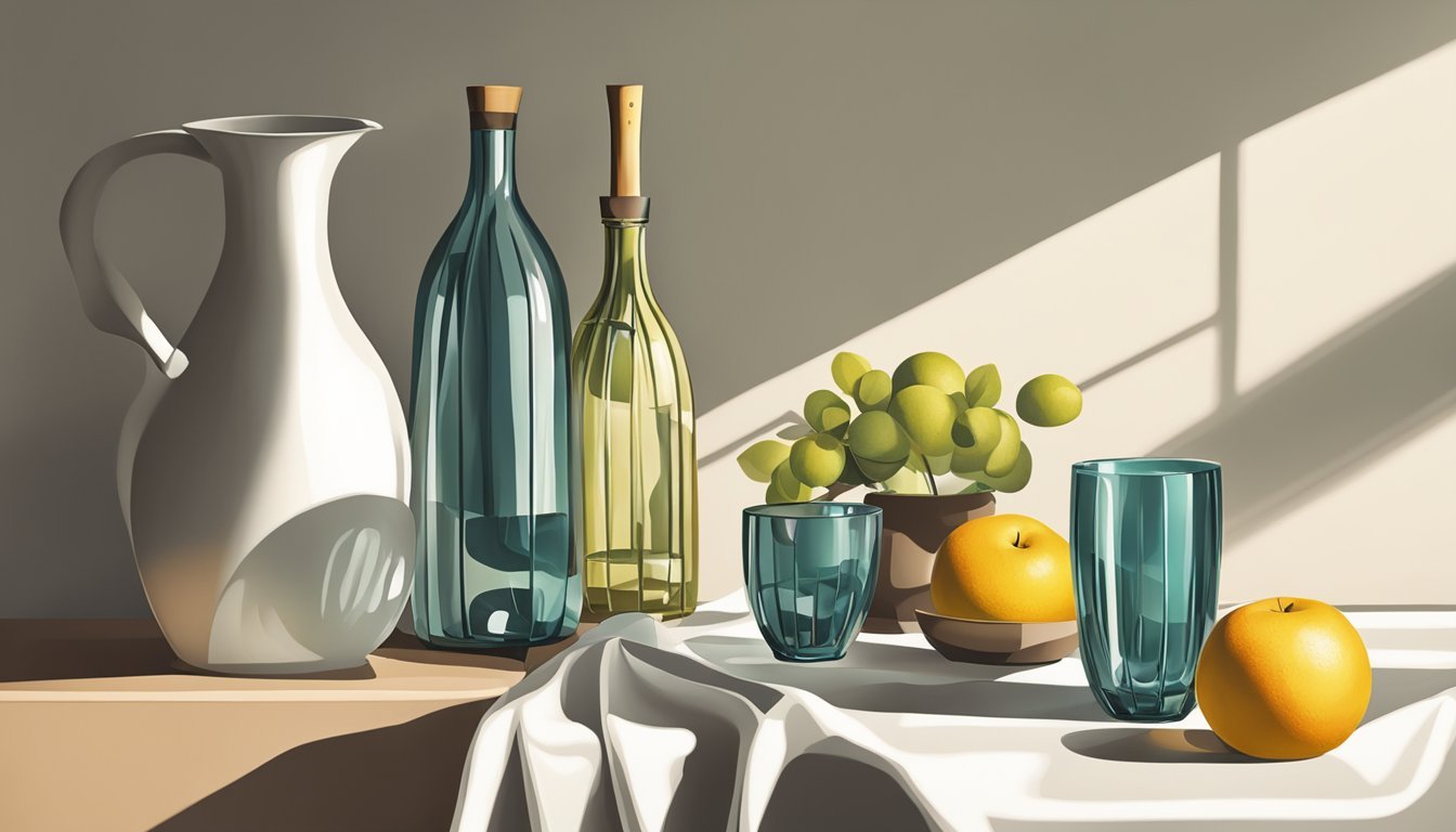 A still life arrangement of objects casting shadows in natural light