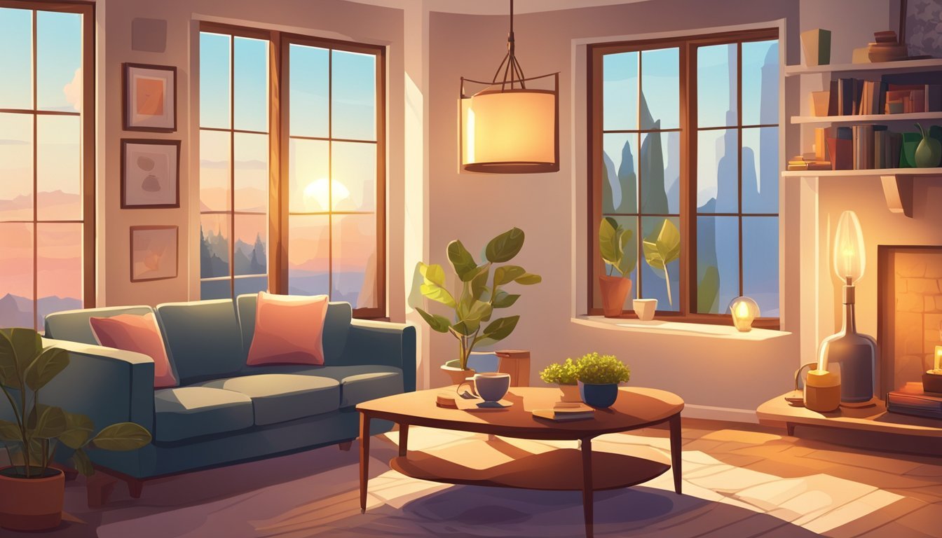 A cozy living room with a large window, casting warm sunlight onto a table with various objects, a lamp illuminating a corner, and a candle flickering on a shelf