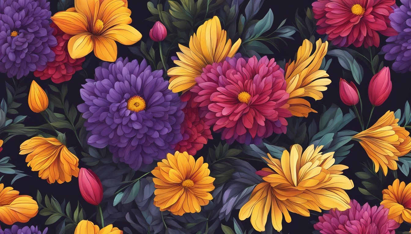 A vibrant bouquet of flowers against a dark background, with bright red, yellow, and purple petals creating a striking contrast