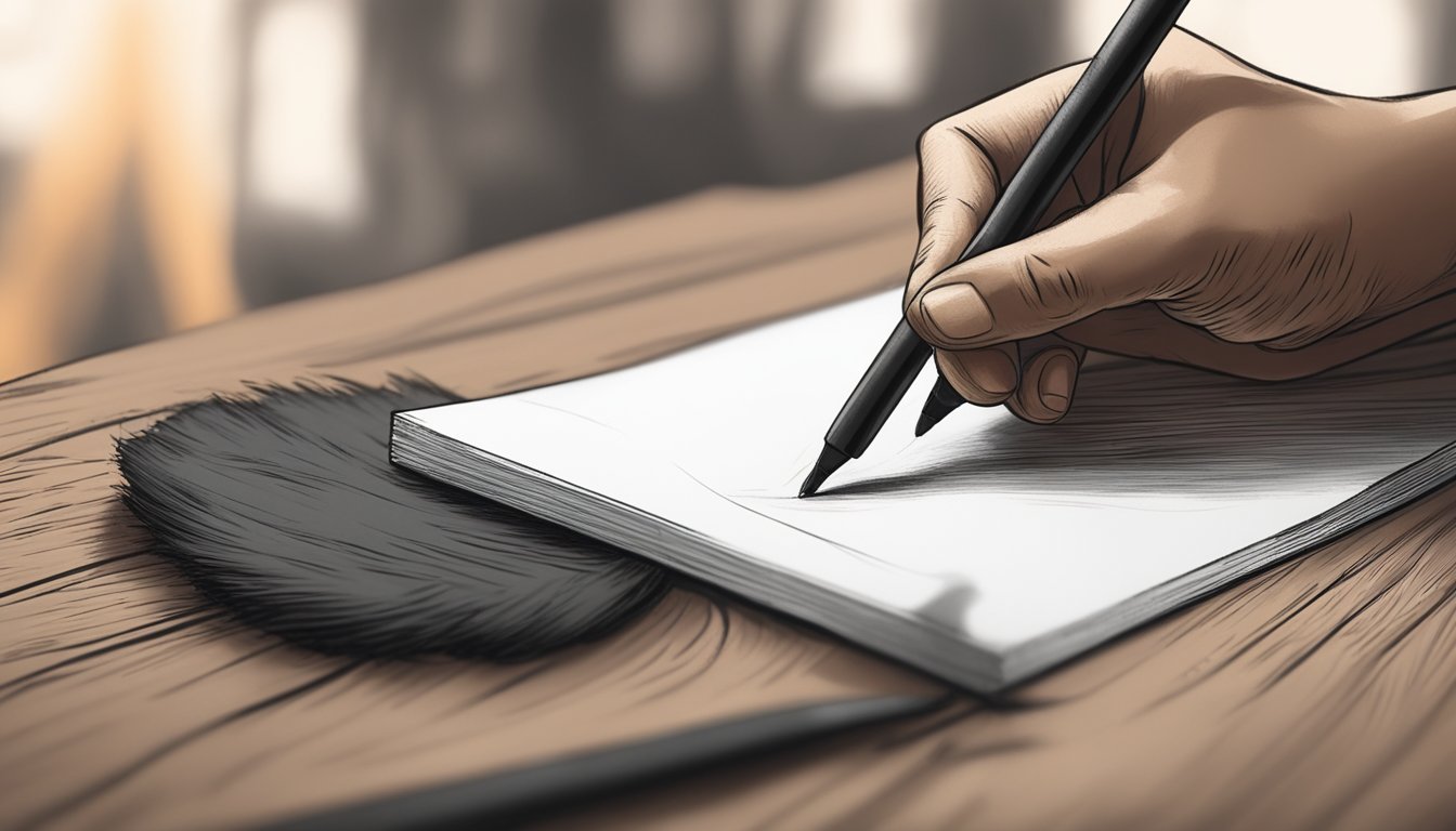 Hand writing on a blank notepad with a black pen on a wooden table