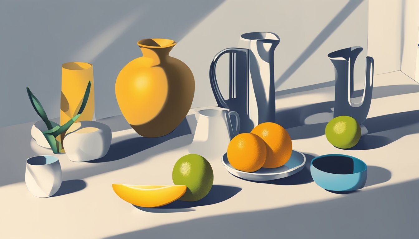A still life of various objects casting shadows, with contrasting light sources to emphasize dimension