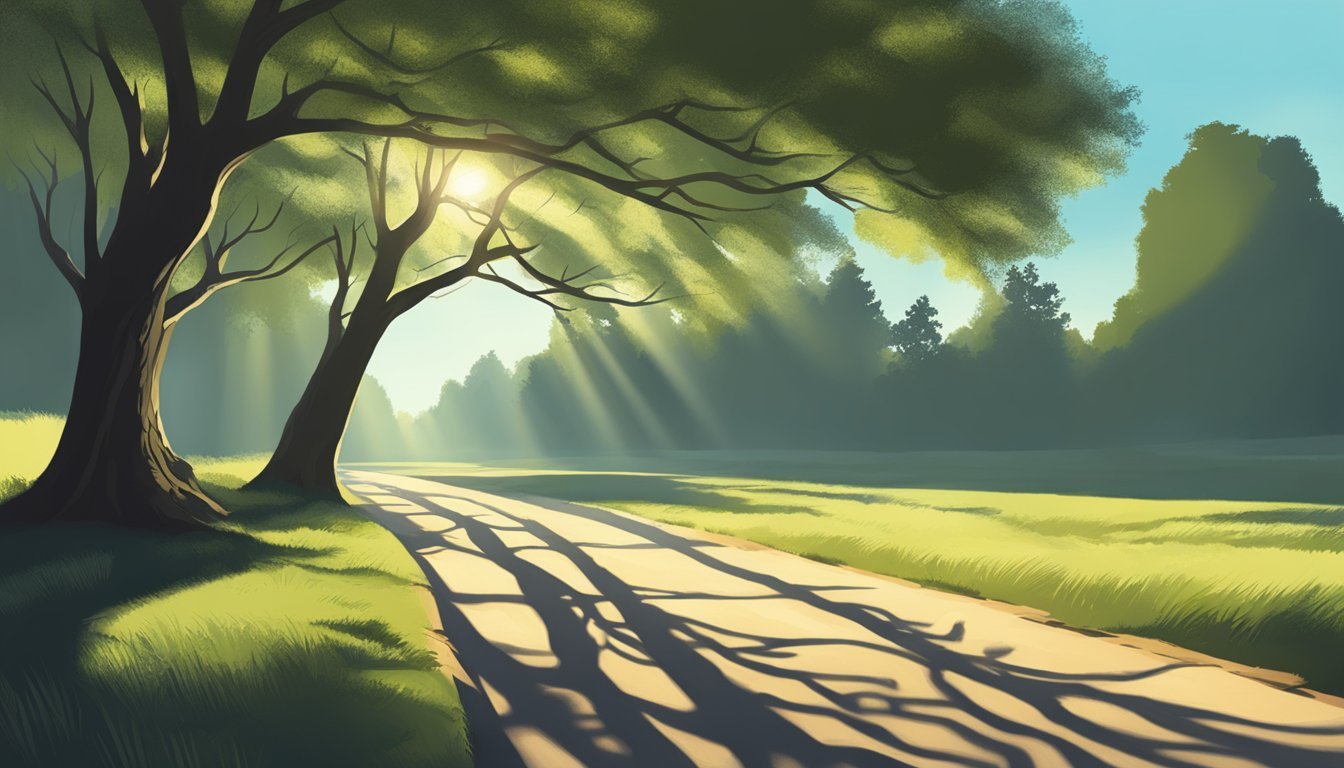 A tree casting a long shadow across a sunlit path, with the shadow creating depth and dimension in the drawing