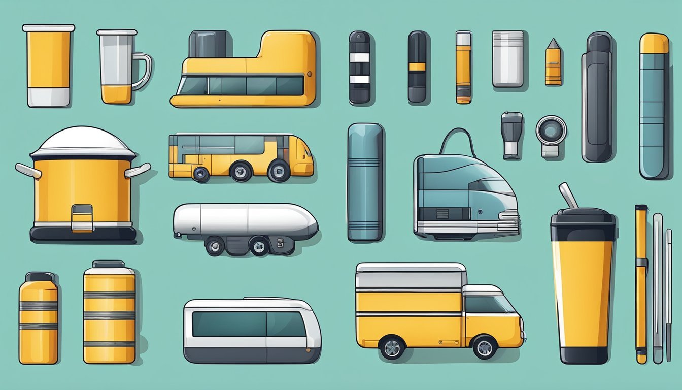 Various objects in different sizes and shapes, with varying line thickness to show depth and dimension