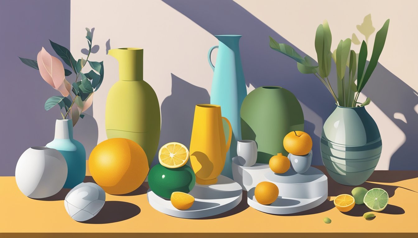 A still life arrangement of various objects with varying sizes and depths, casting shadows to create a sense of dimension