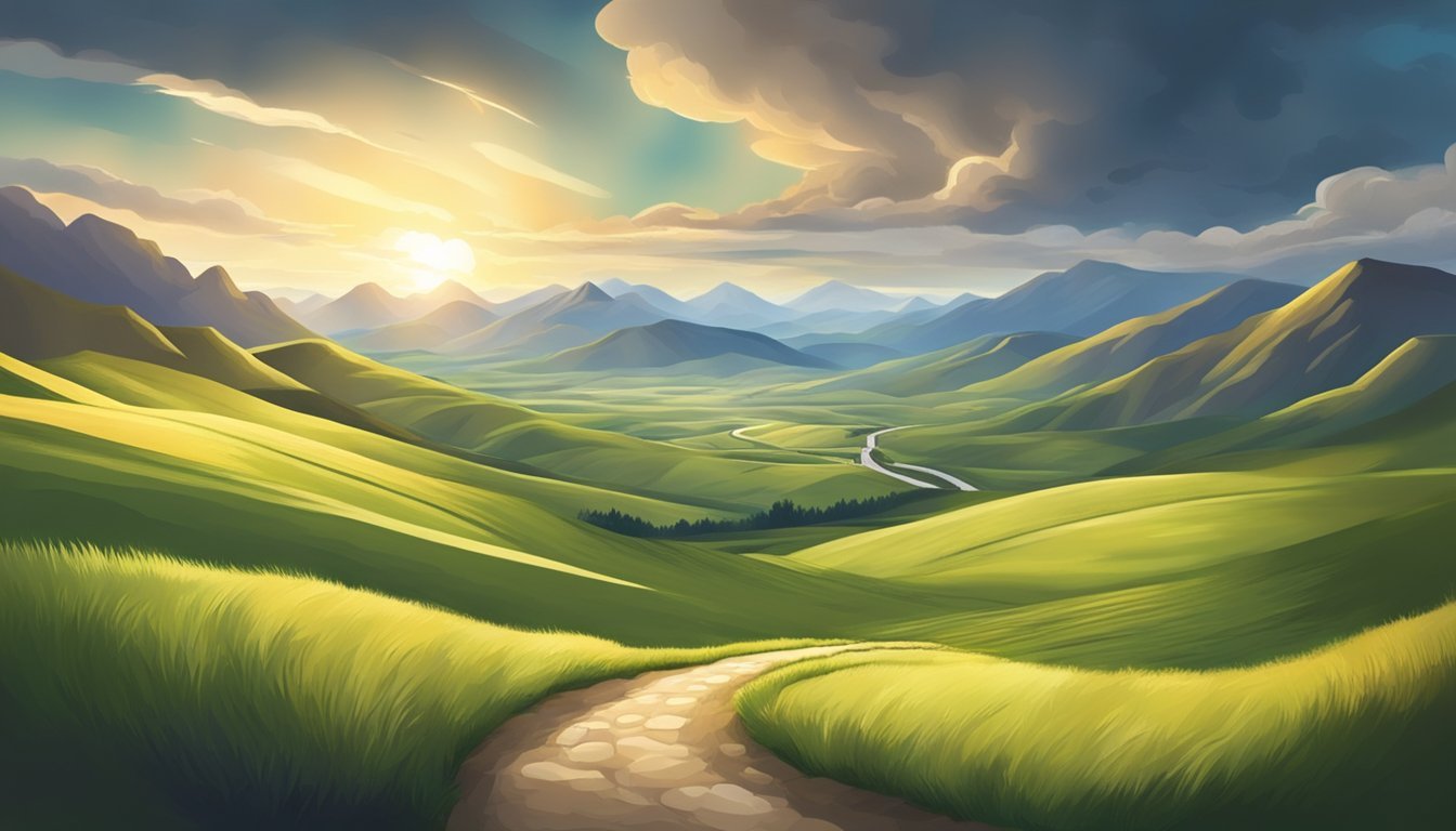 A landscape with rolling hills, a winding path, and a distant mountain range under a dramatic sky with clouds and sunlight breaking through