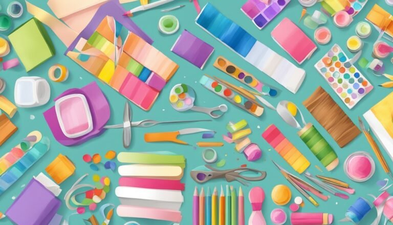 Art supplies scattered on a teal background, including paint, pencils, and scissors