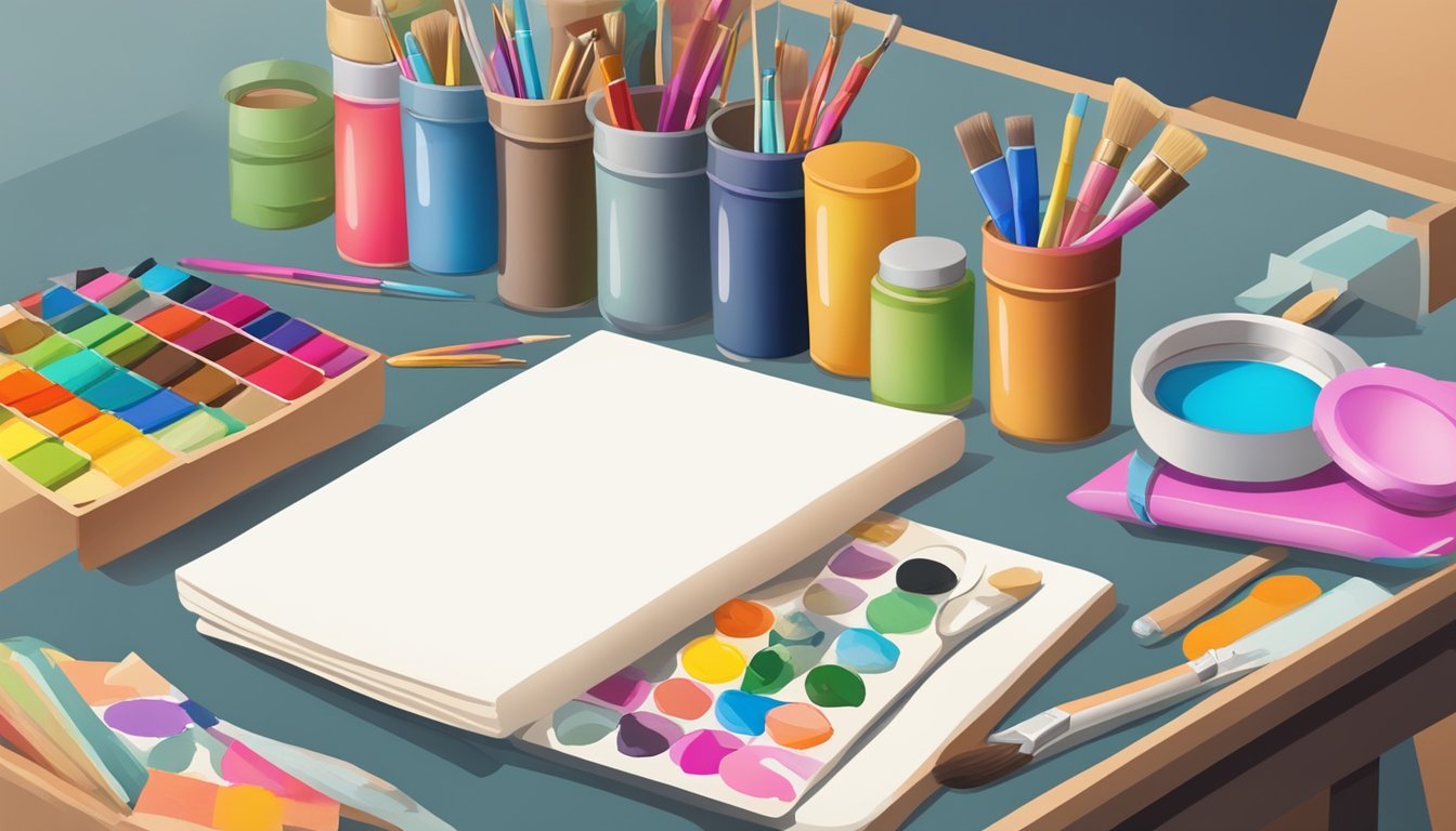 A table with colorful craft supplies, including paint, brushes, and stencils, next to a blank tote bag waiting to be personalized