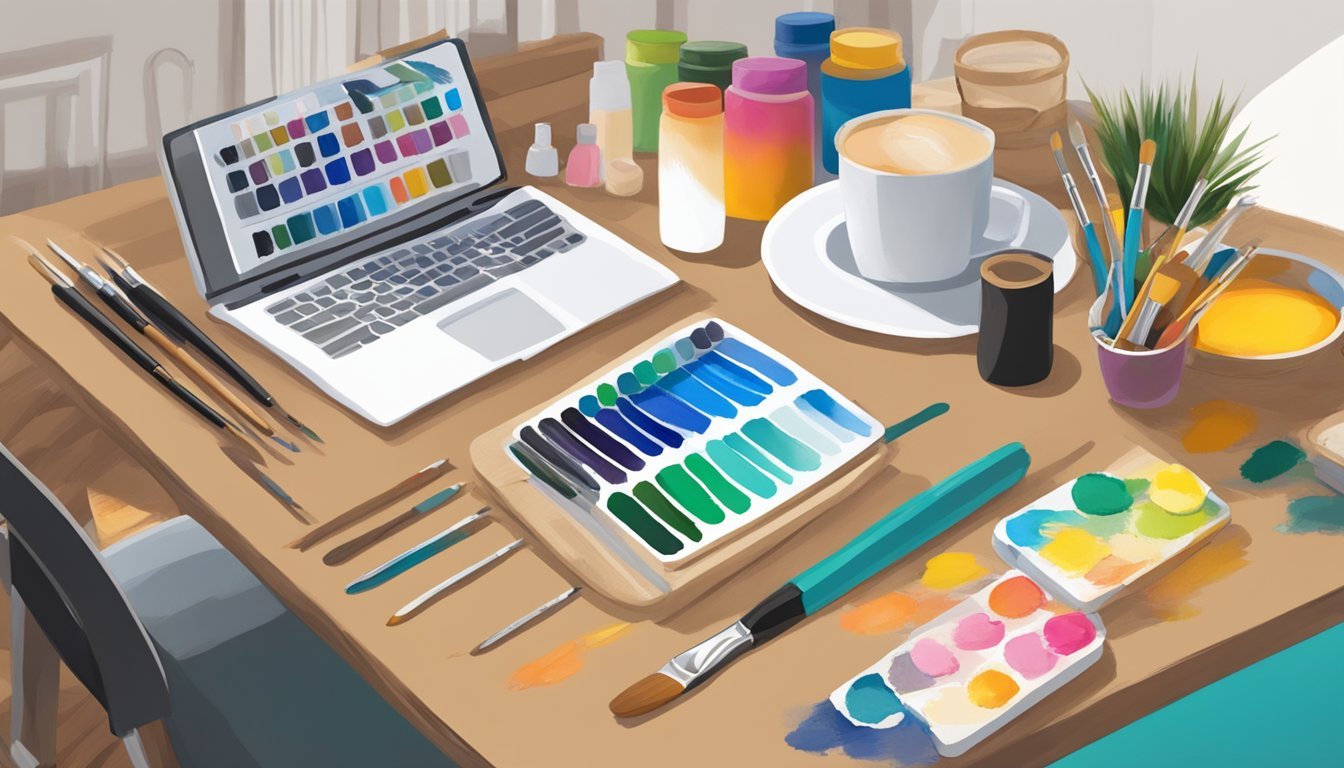 A table with stenciled canvas art supplies: paint, brushes, and personalized gifts