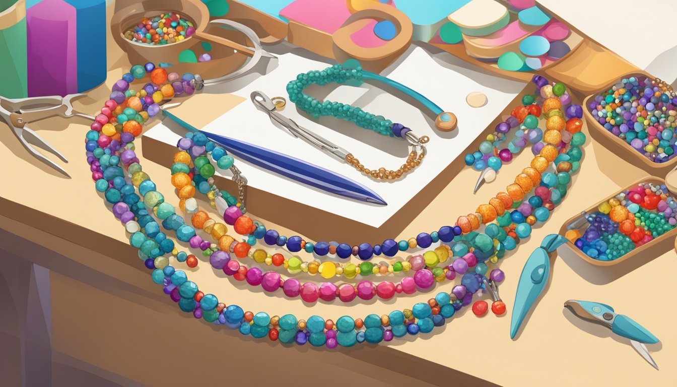 A table with colorful beads, pliers, and wire.</p><p>A finished beaded bracelet and necklace sit nearby
