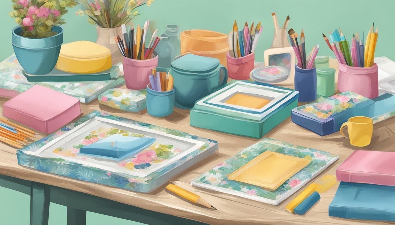 A table with decoupage picture frames, various craft supplies, and personalized gifts