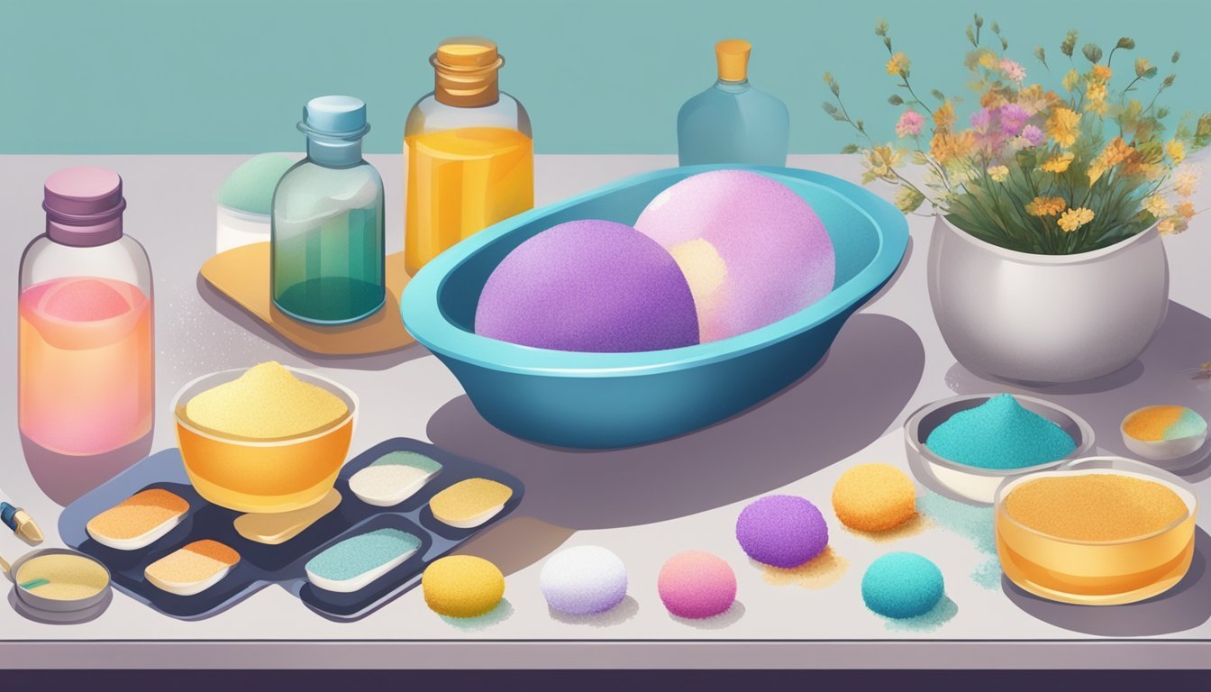 A table with assorted craft supplies: molds, essential oils, dried flowers, and colorful powders.</p><p>A finished bath bomb sits on a tray