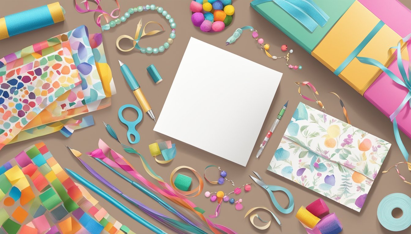 A table with various craft supplies such as ribbons, beads, markers, and paper.</p><p>A gift box and a handmade card are displayed