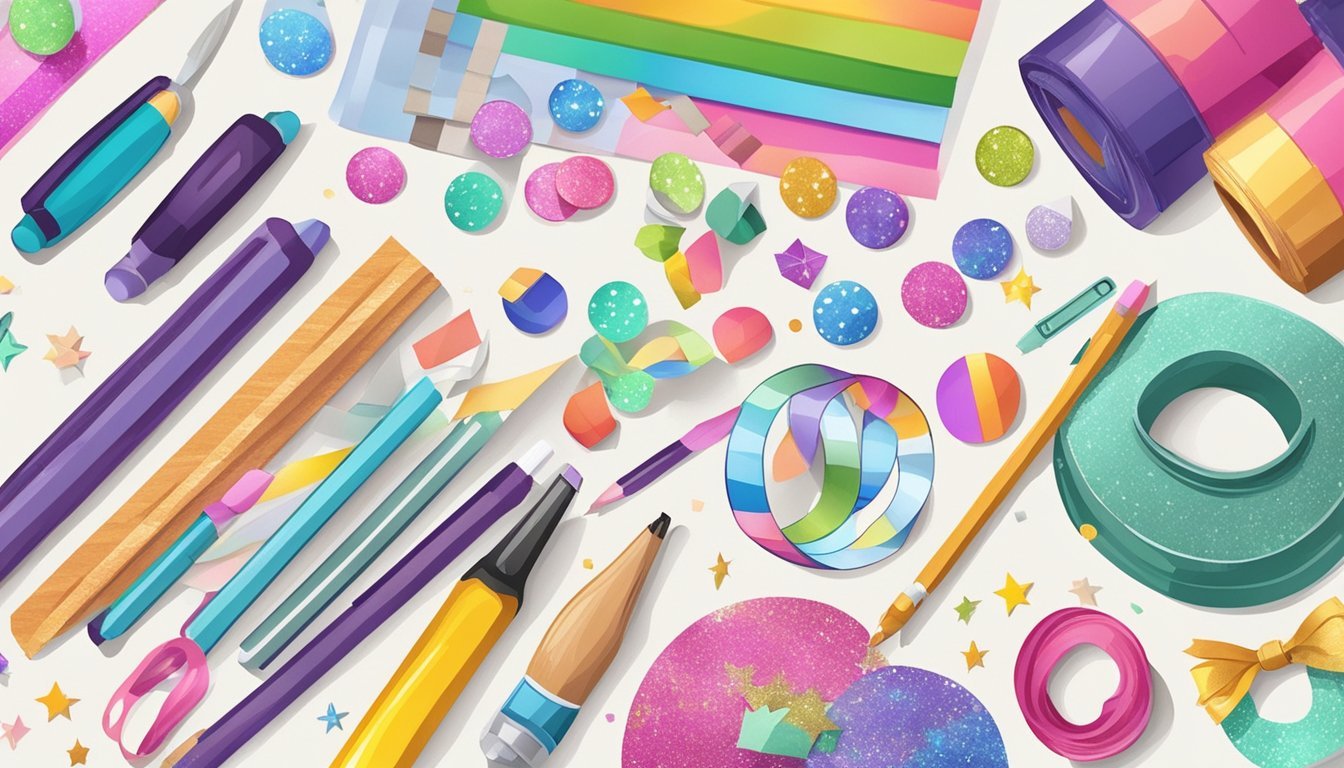 Craft supplies scattered on a table, with colorful markers, glitter, ribbons, and stickers.</p><p>A handmade gift being personalized with care and creativity