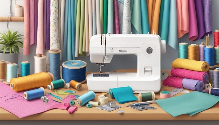 Sewing machine surrounded by colorful fabrics, spools of thread, and sewing supplies