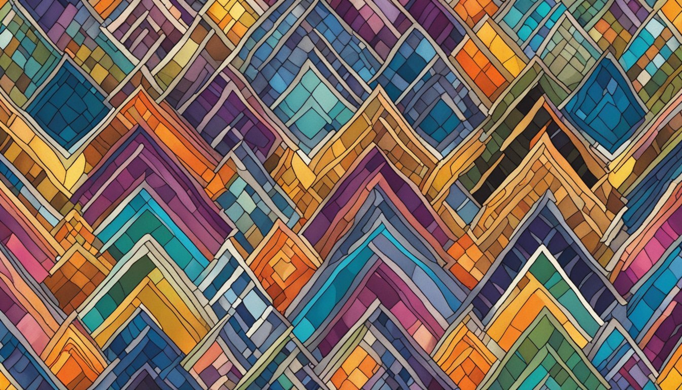 Vibrant, geometric bargello patterns in various colors and sizes, stitched onto fabric with precision and detail
