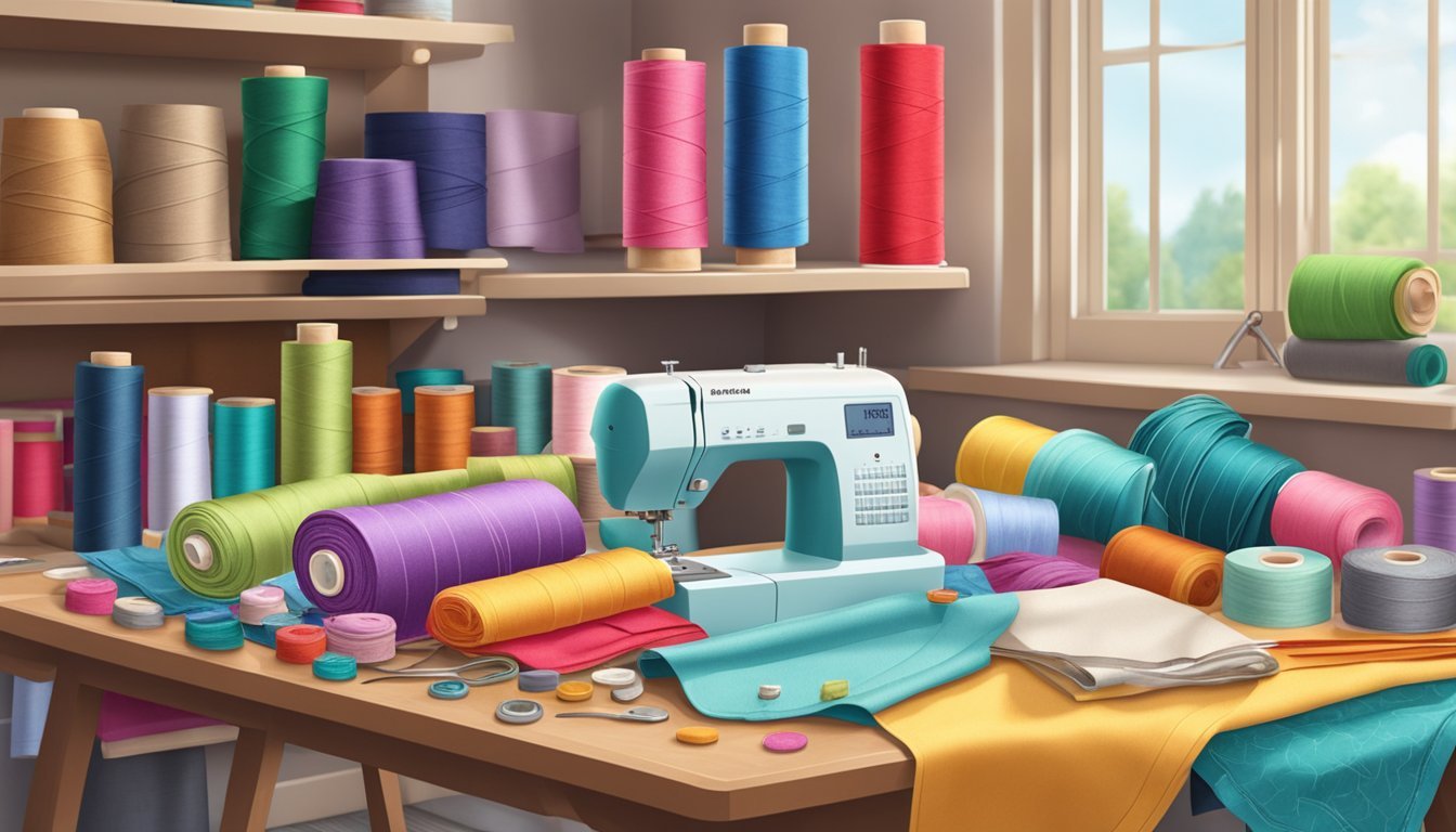 A colorful array of sewing supplies and fabric spread out on a table, with a sewing machine and personalized apron displayed in the background