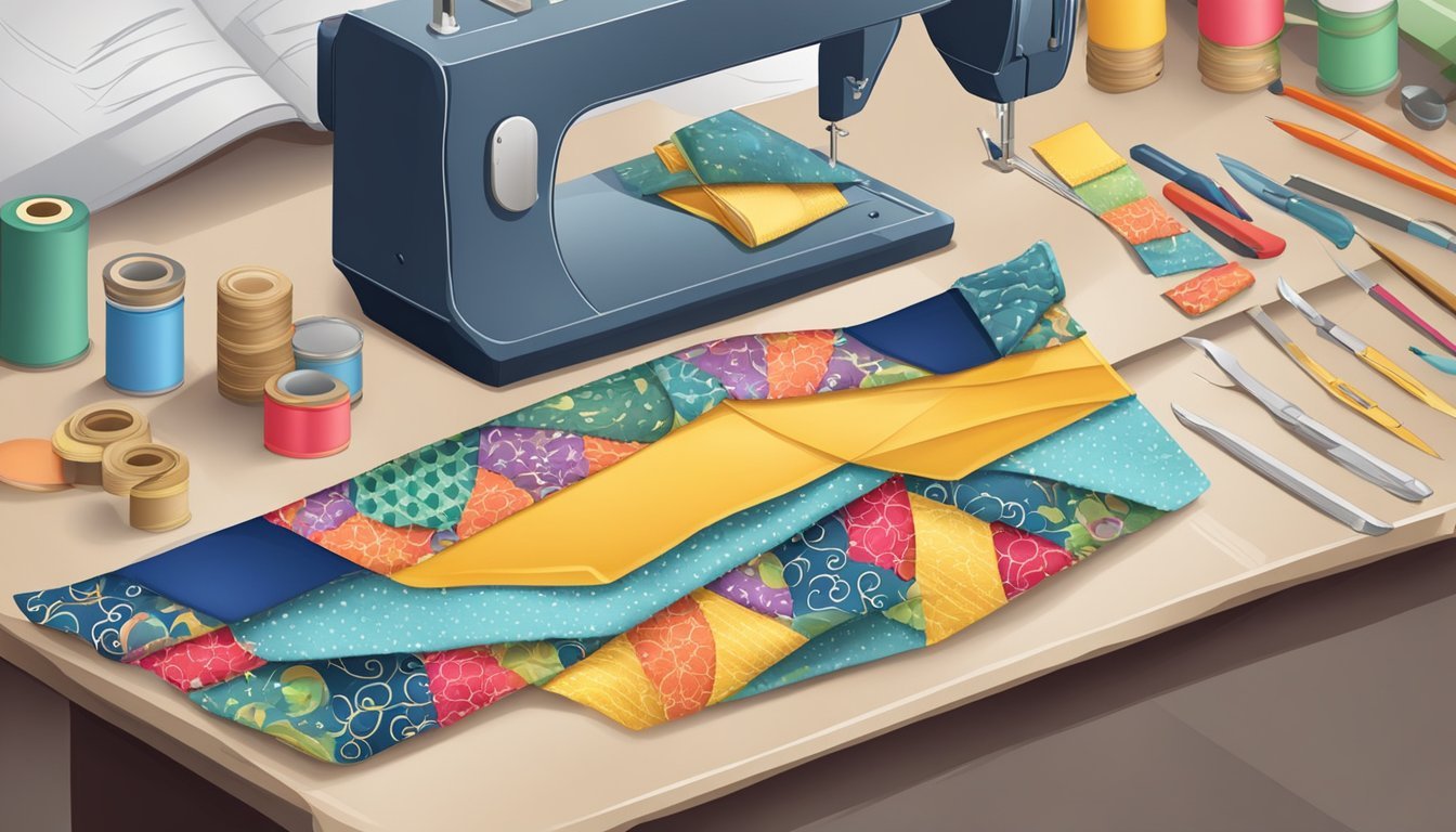 A colorful fabric bookmark being sewn with various sewing tools and materials scattered around the workspace
