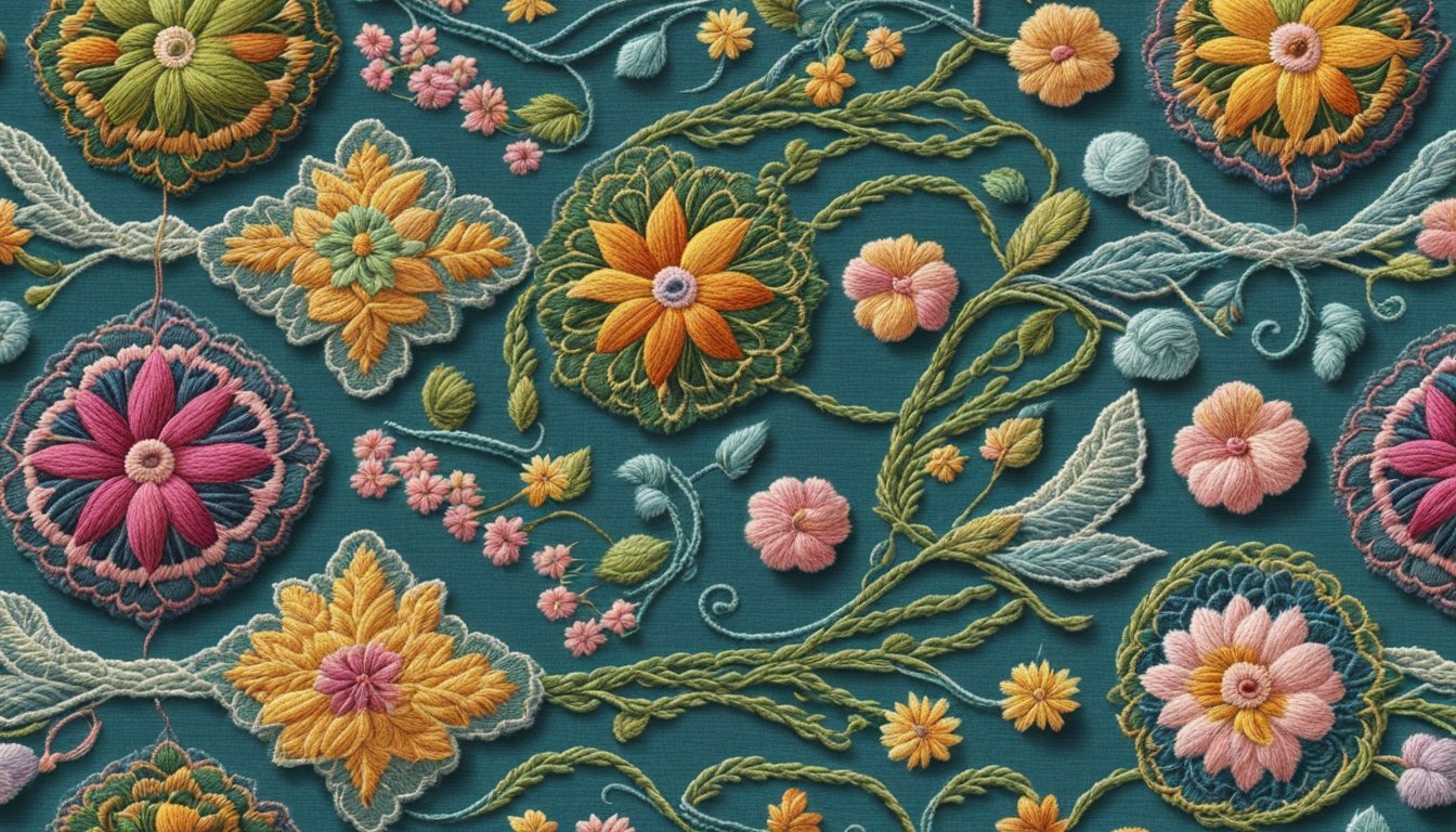 A needle and thread create intricate patterns on fabric, showcasing various embroidery techniques