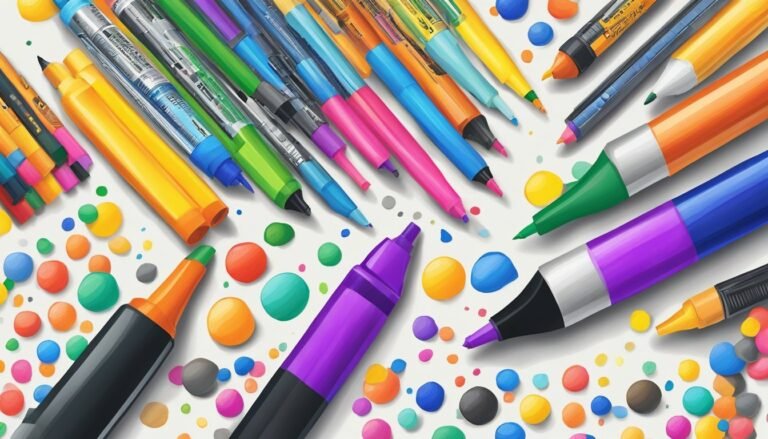 Colorful markers and dots scattered on a white background, art supplies
