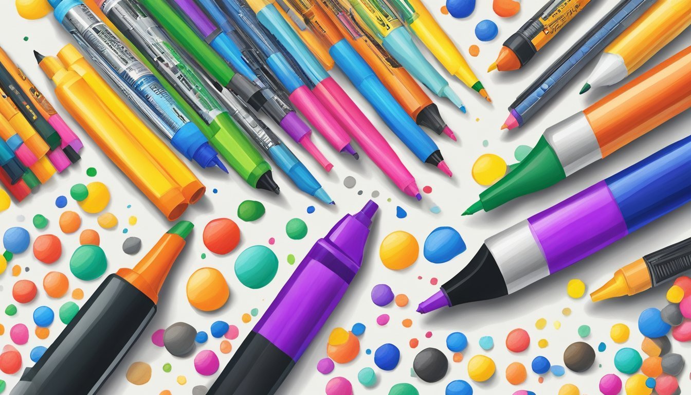 Colorful markers and dots scattered on a white background, art supplies