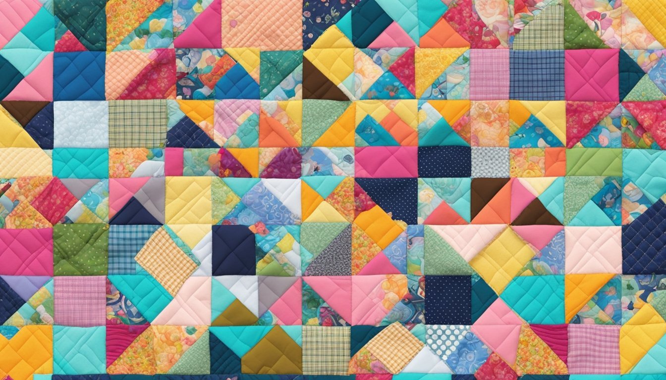 A colorful patchwork quilt in progress, with various fabric squares being sewn together on a large work table surrounded by sewing supplies and tools