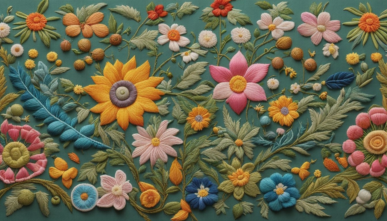 A colorful array of embroidered flowers, leaves, and insects adorning a fabric surface, showcasing various stumpwork techniques