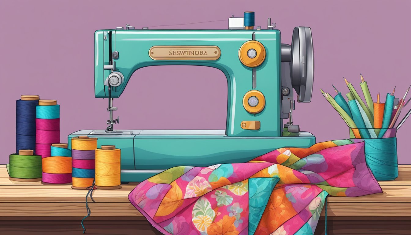 A sewing machine sits on a wooden table surrounded by colorful fabric, scissors, and a drawstring bag pattern