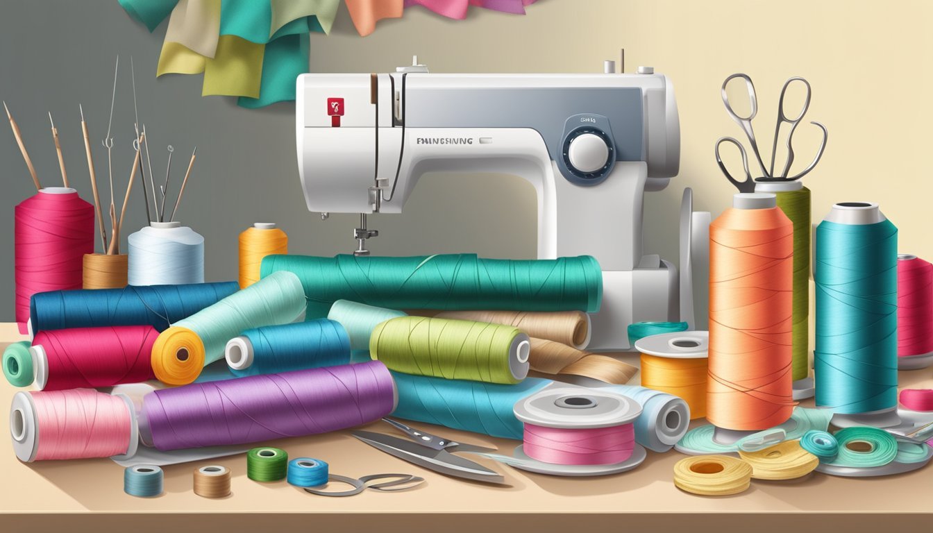 A colorful array of sewing supplies scattered on a clean, well-lit work surface, including fabric, thread, needles, scissors, and a sewing machine