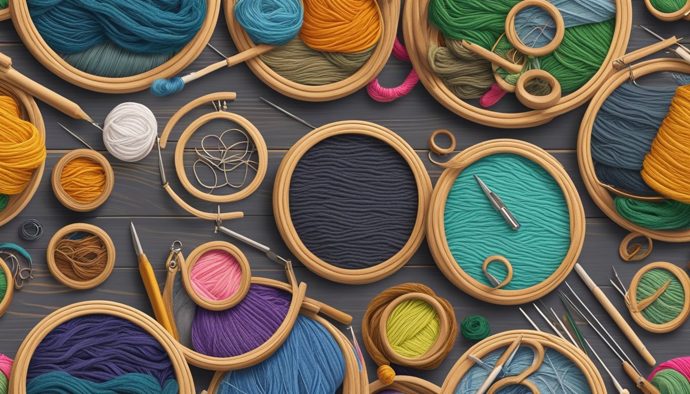 A colorful array of embroidery hoops, needles, and threads arranged on a wooden table, surrounded by various fabric swatches and patterned designs