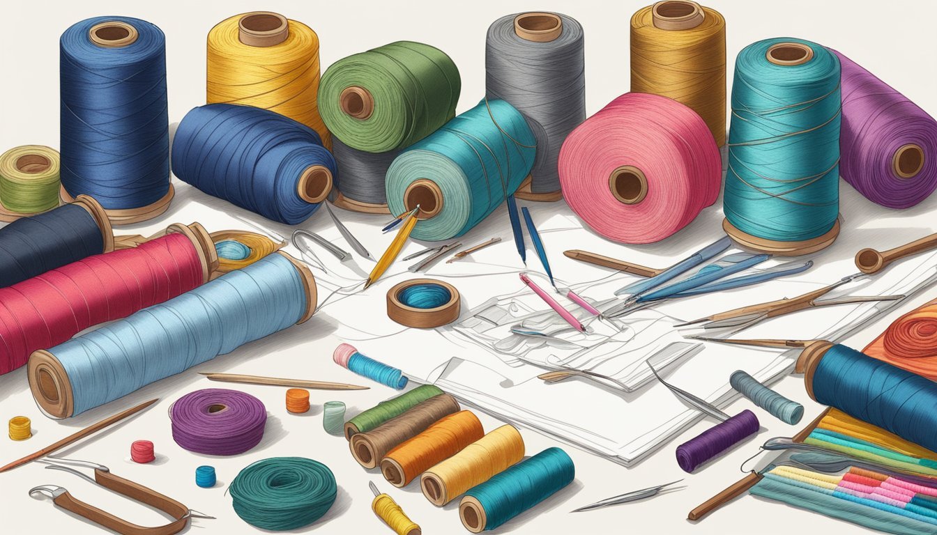 A colorful array of fabric, thread, needles, and sewing tools spread out on a clean, well-lit workspace, with various project ideas sketched out on paper