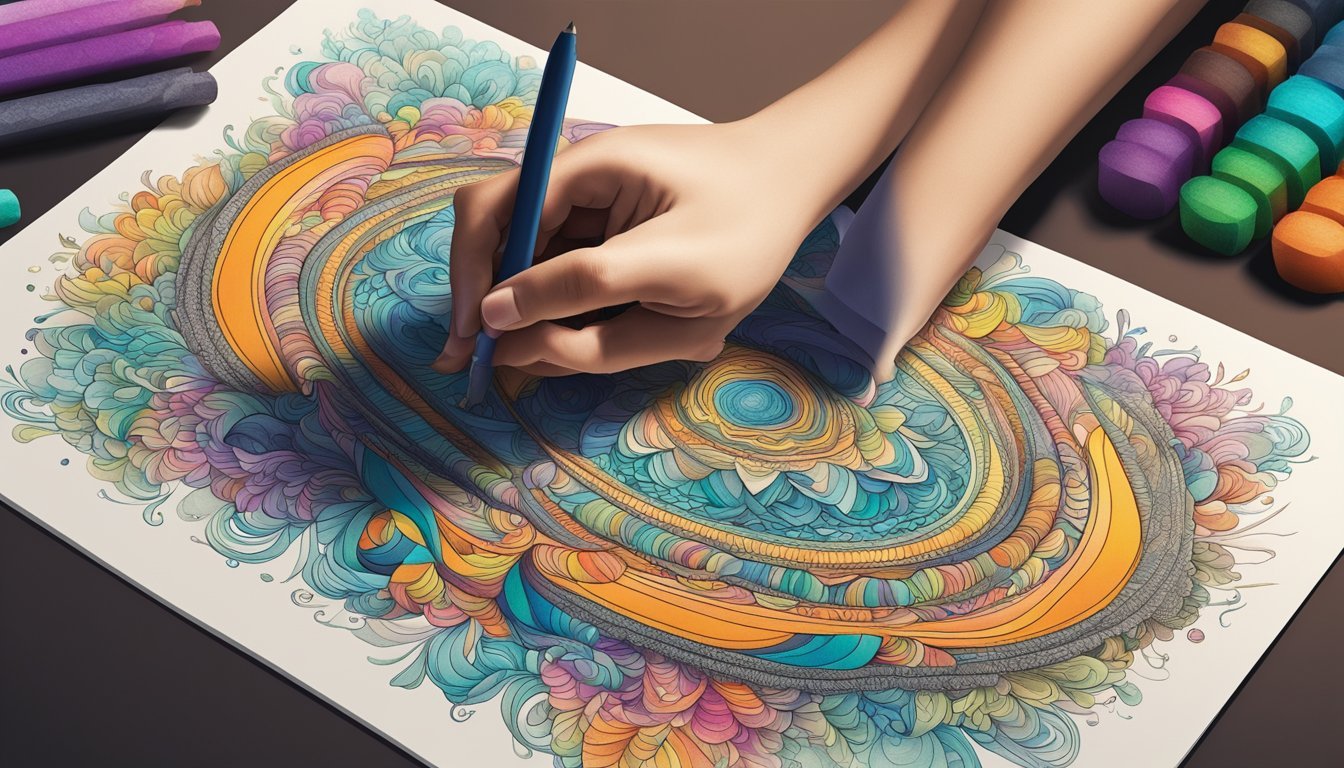 A hand holding a dual-tip marker, creating intricate patterns and blending colors on a textured paper.</p><p>Multiple layers of vibrant hues build up to form a dynamic and visually striking artwork