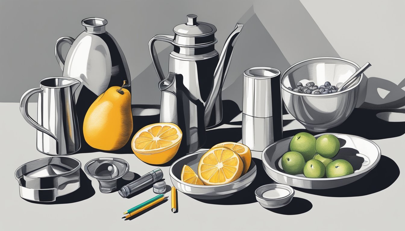 A still life arrangement of various objects casting shadows, with cool gray markers scattered around