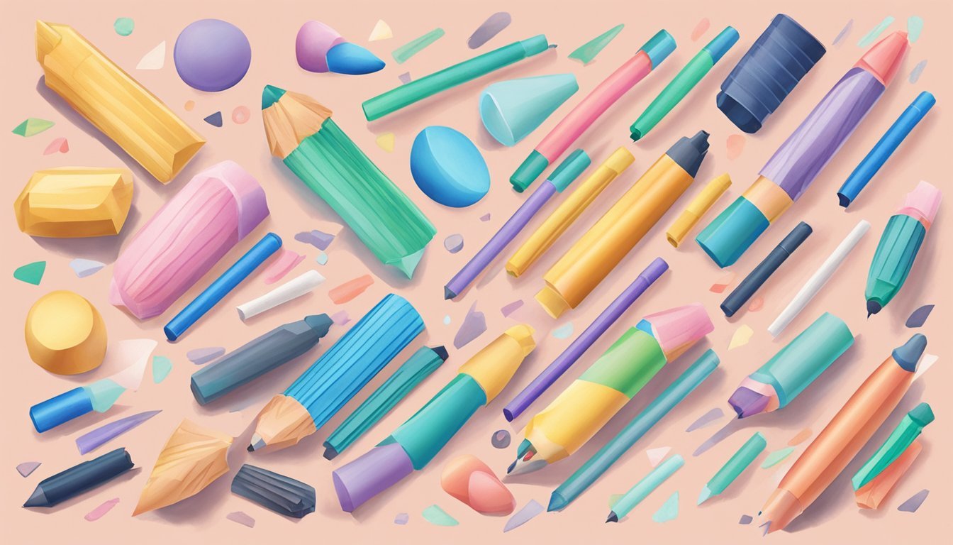 Soft tip markers laid out on a pastel background, creating various shapes, lines, and patterns in 10 unique ways