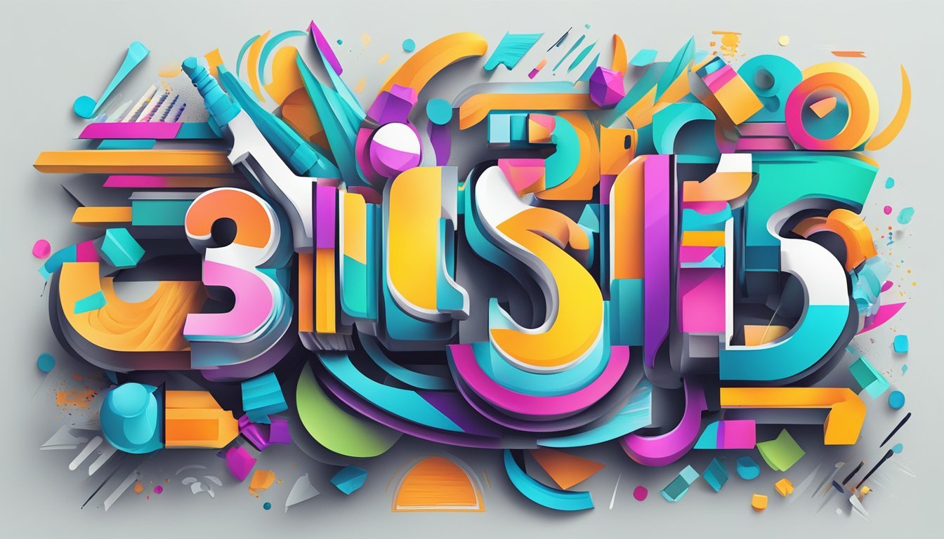 Chisel tip markers create bold 3D lettering in various styles, surrounded by colorful abstract shapes and patterns, showcasing the versatility of marker art