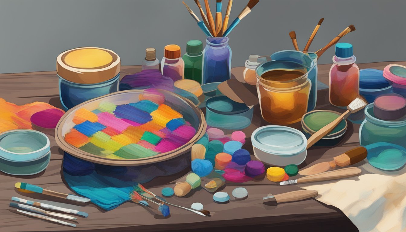 A table covered in dye bottles, fabric, and rubber bands. A batik wax pot sits nearby, with a brush resting on the edge