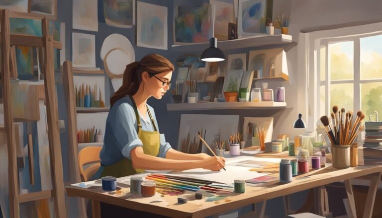 Woman in art studio painting at a desk with art supplies