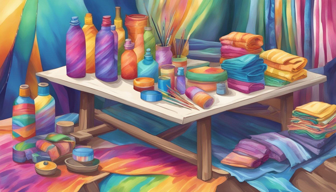 A table with tie-dye and batik materials, including dye bottles, rubber bands, and wax, surrounded by fabric ready for customization