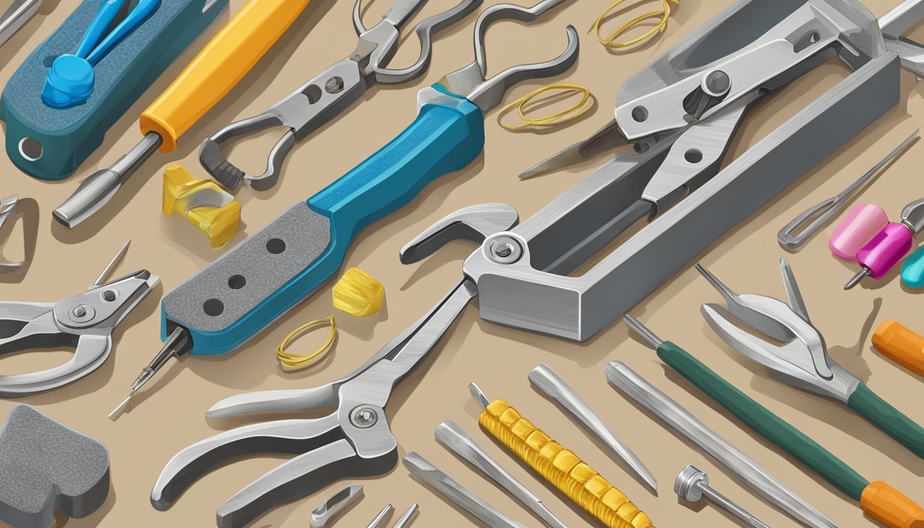 Various dental tools and instruments arranged on a light brown surface