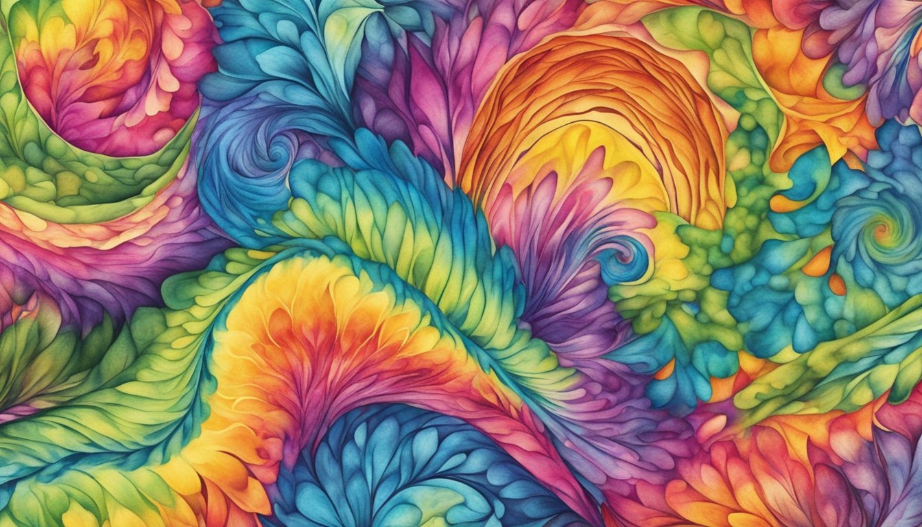 Vibrant dyes swirl on fabric, creating intricate patterns using tie-dye and batik techniques