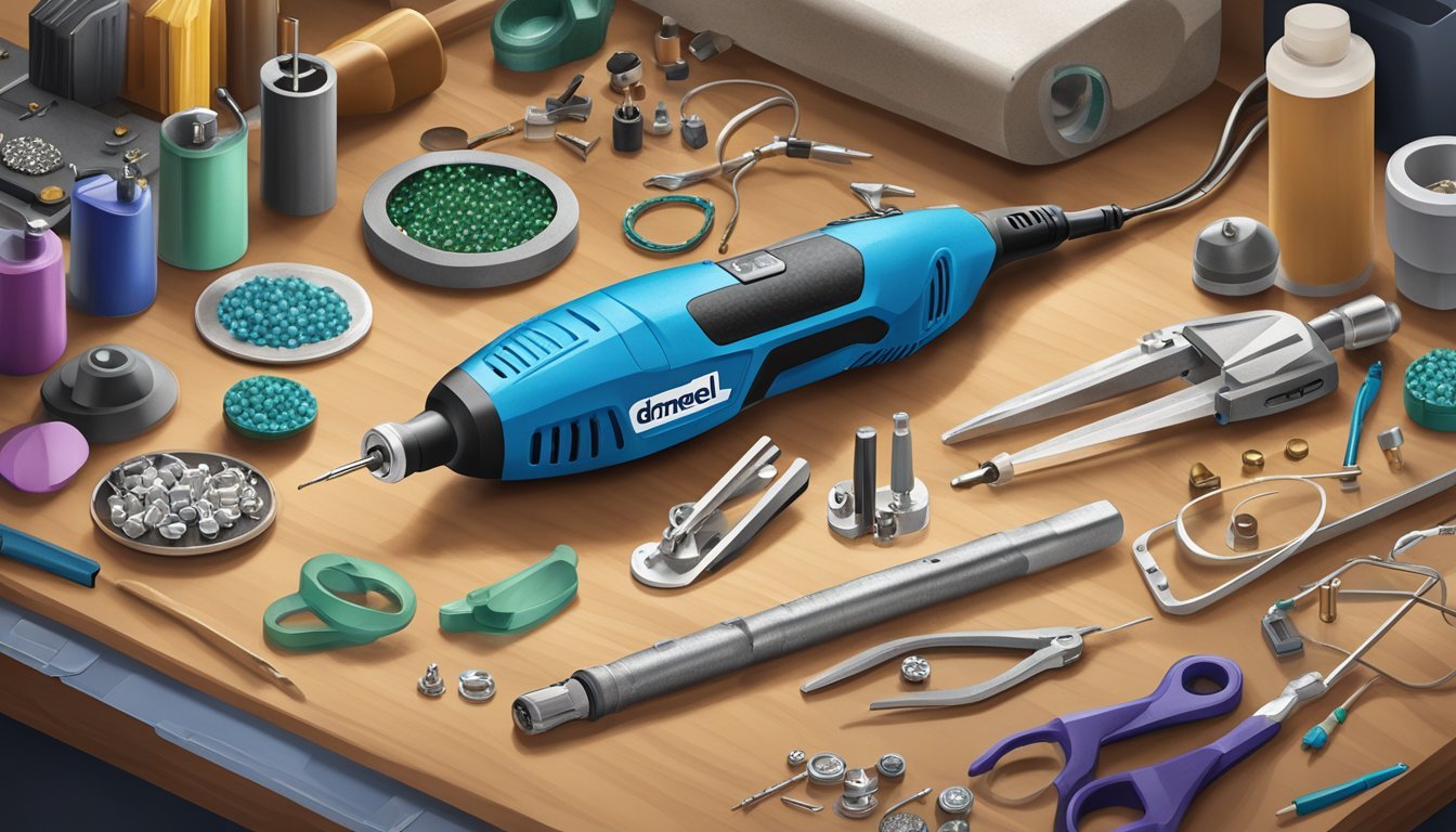 A Dremel 3000 rotary tool surrounded by 5 essential tools for DIY jewelry making on a cluttered workbench
