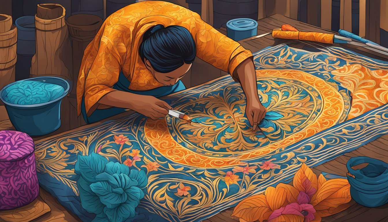 A batik artist carefully applies hot wax to fabric, creating intricate patterns and designs before dyeing the cloth in vibrant colors