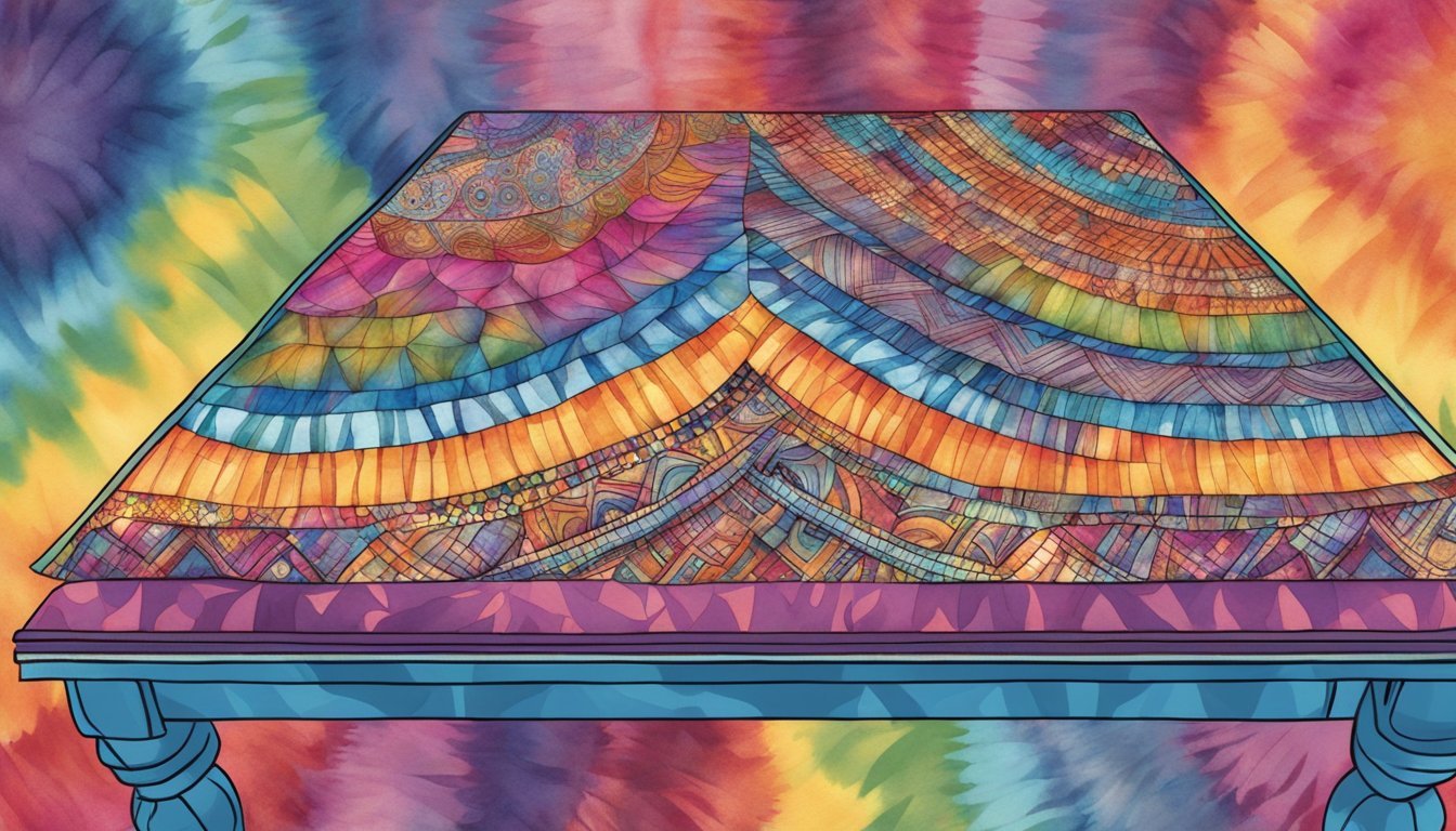 A table covered in tie-dye and batik fabrics, with various colors and patterns layered on top of each other, creating a sense of depth and texture