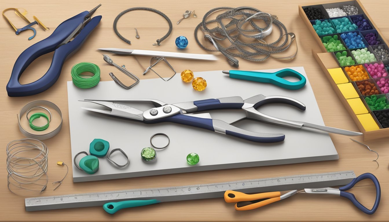 A workbench with jewelry-making tools: wire cutters, pliers, tweezers, a bead mat, and a ruler