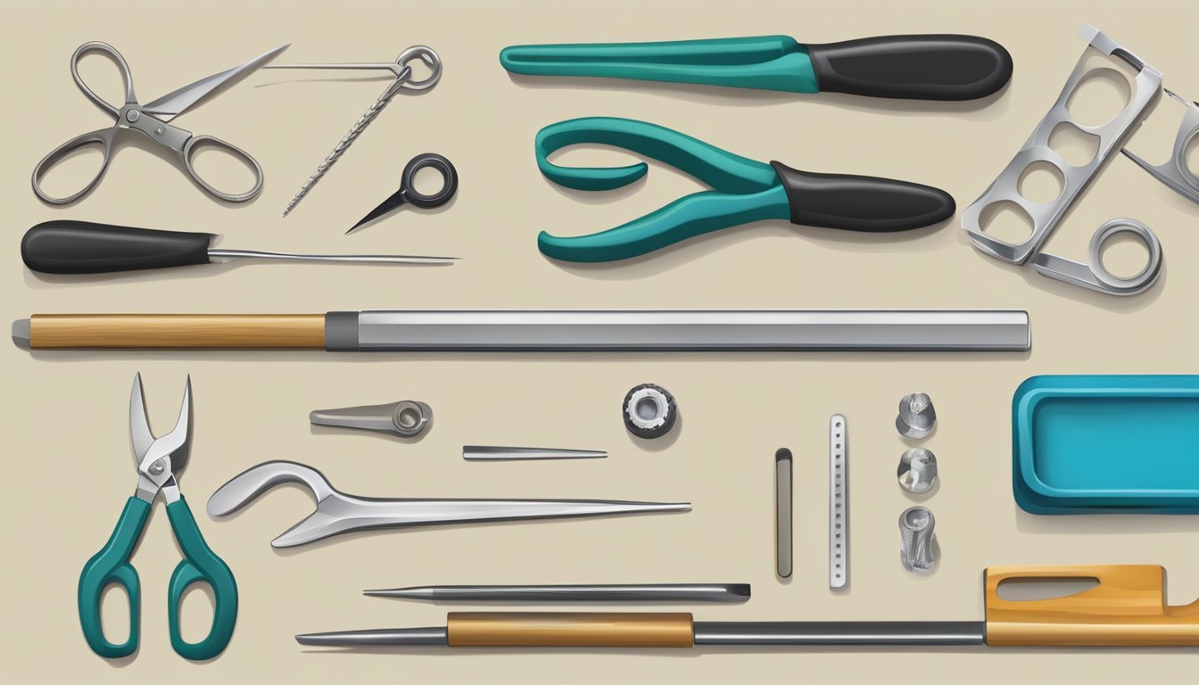 A workbench with jewelry-making tools laid out neatly: pliers, wire cutters, tweezers, a metal file, and a small hammer