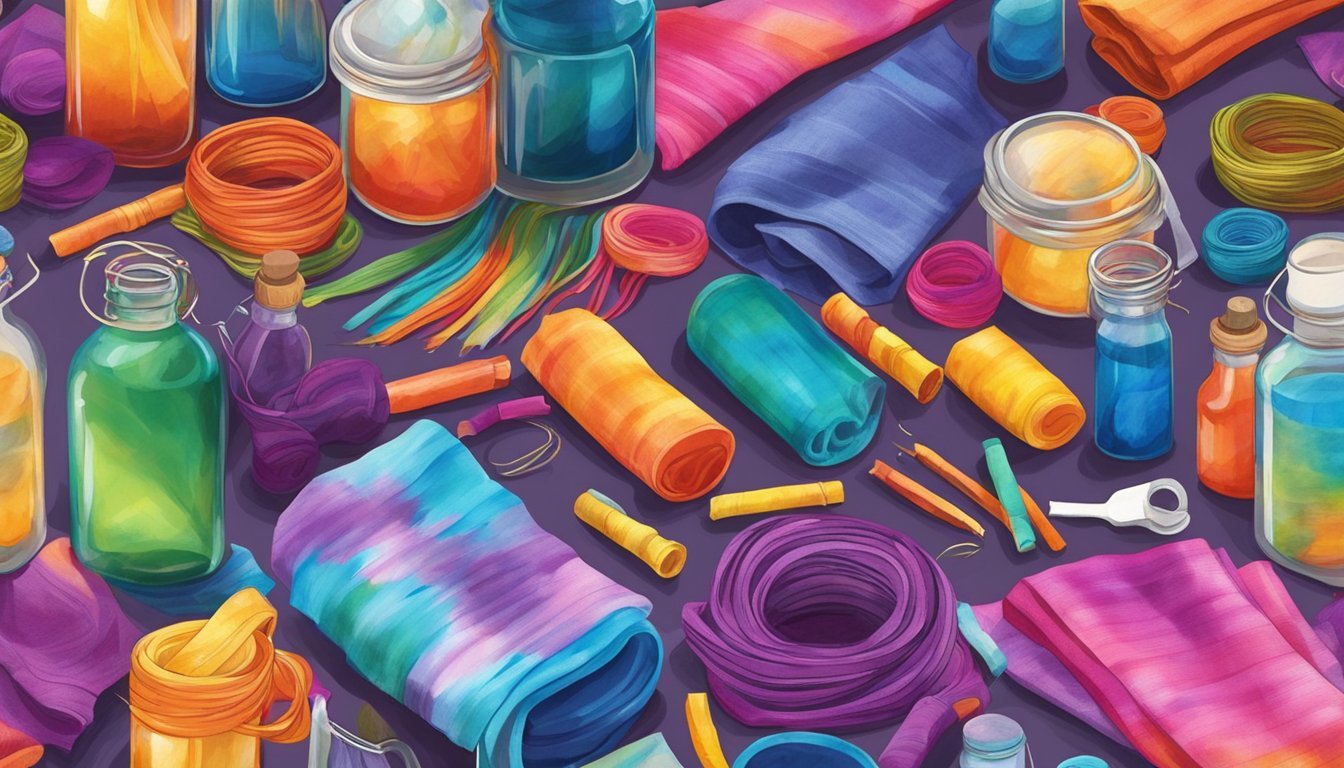 Vibrant dye bottles, rubber bands, and fabric laid out on a table for tie-dye and batik textile creation