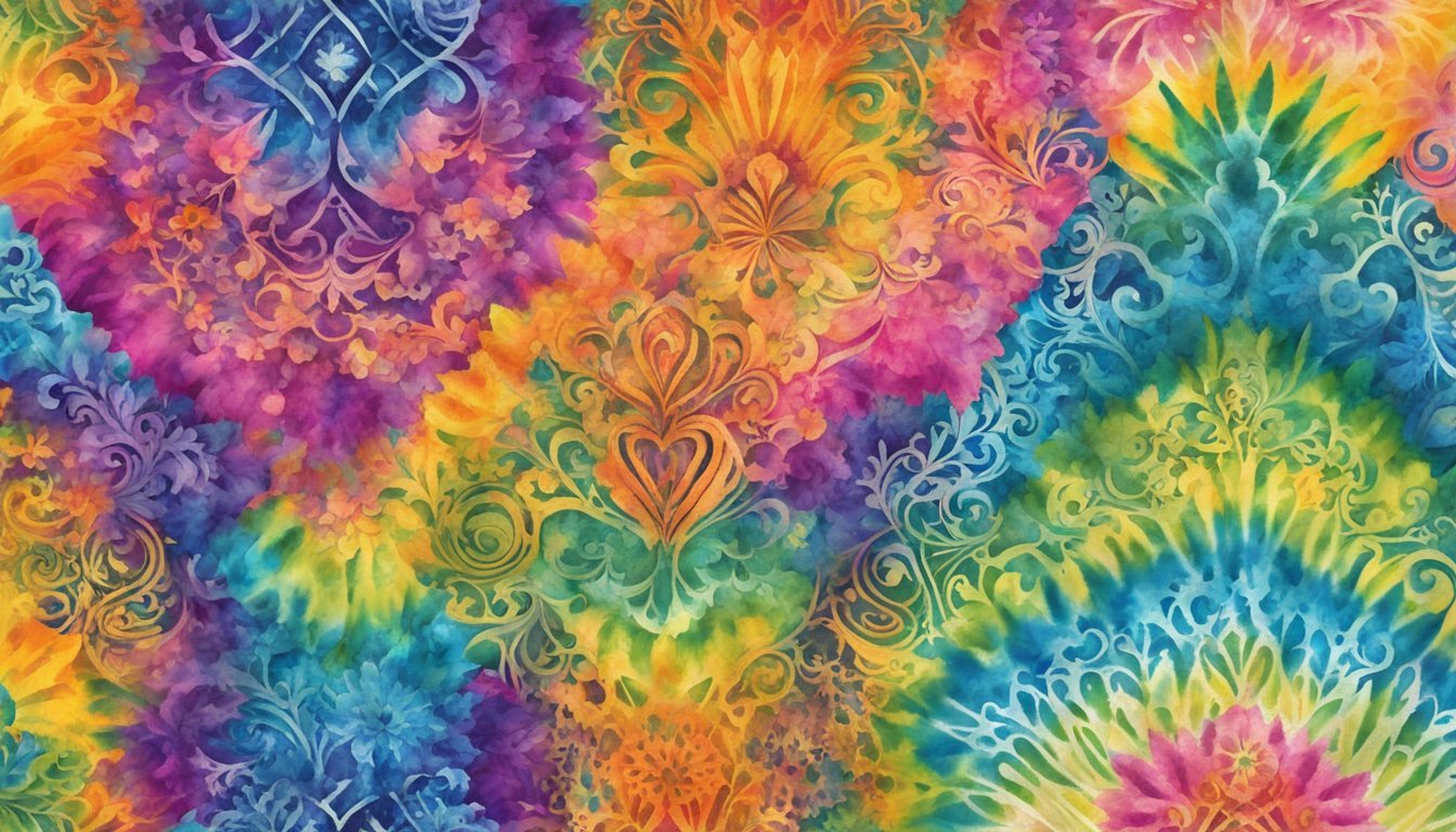 Vibrant tie-dye patterns blend with intricate batik designs on a length of fabric, creating a unique and colorful textile