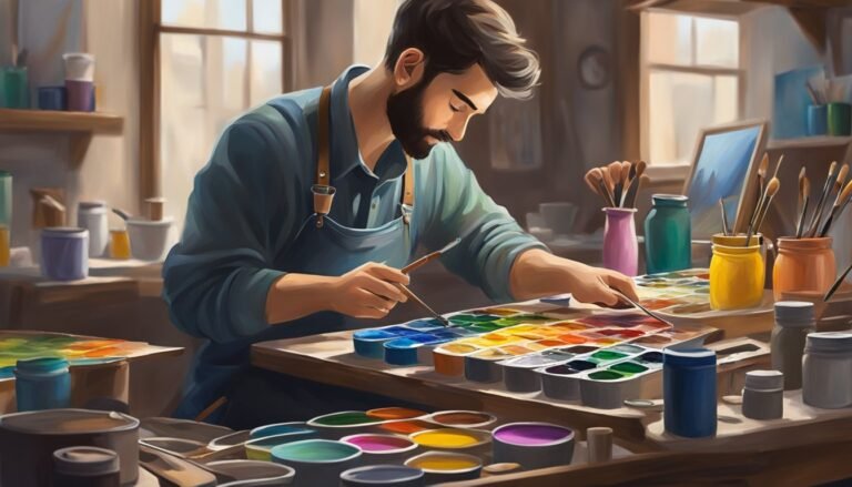 Artist with beard painting at a table with colorful paint and brushes
