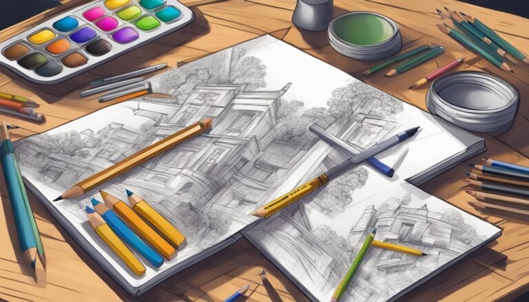 Sketchbooks, pencils, and watercolors on a wooden table, art supplies