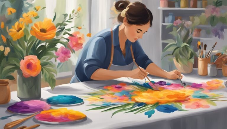 Woman painting colorful flowers on a table in a bright studio