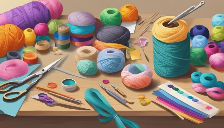 Colorful yarn balls, scissors, and craft supplies on a wooden table